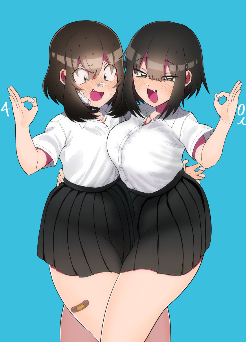 1boy 1girl absurdres bandaid bandaid_on_face bandaid_on_leg bandaid_on_nose black_eyes black_hair blue_background blush breasts commentary_request crossdressing doumoto_(yuzugaeru) fang highres kuraki-san_wa_semetai large_breasts miniskirt ok_sign original otoko_no_ko pleated_skirt school_uniform skirt yuzugaeru