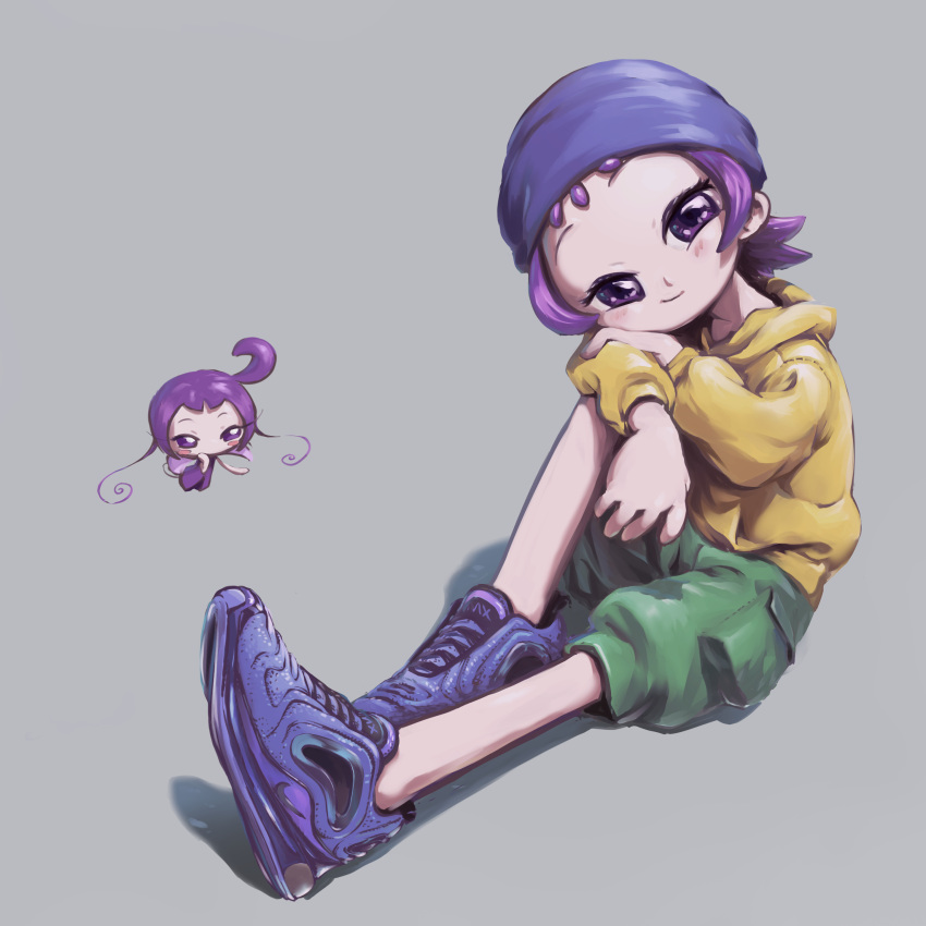 1girl absurdres beanie blue_footwear blue_headwear closed_mouth full_body green_shorts grey_background hat highres hood hood_down hoodie long_sleeves nike ojamajo_doremi purple_eyes purple_hair roro_(ojamajo_doremi) segawa_onpu shadow shoes short_hair shorts sitting smile solo tenshinhannnn yellow_hoodie