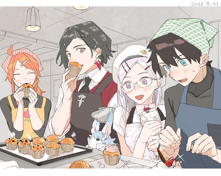 2boys 2girls :d ^_^ ahoge apron aqua_eyes baking baking_sheet black_apron black_hair black_necktie black_shirt blue_apron blush closed_eyes closed_mouth collared_shirt command_spell constantine_xi_(fate) creature cupcake earrings eating fate/grand_order fate_(series) food fou_(fate) fruit fujimaru_ritsuka_(female) fujimaru_ritsuka_(male) glasses grey_eyes hair_behind_ear hair_between_eyes hair_ornament hairclip hanging_light head_scarf highres holding holding_food jewelry kitada kitchen light_purple_hair looking_at_another looking_at_food mash_kyrielight medium_hair muffin multiple_boys multiple_girls necktie open_mouth oven_mitts parted_bangs pastry_bag pink_apron purple_eyes red_vest shirt short_hair short_sleeves sleeves_past_elbows smile sparkle steam strawberry sweatdrop swept_bangs table upper_body vest whipped_cream white_shirt yellow_apron