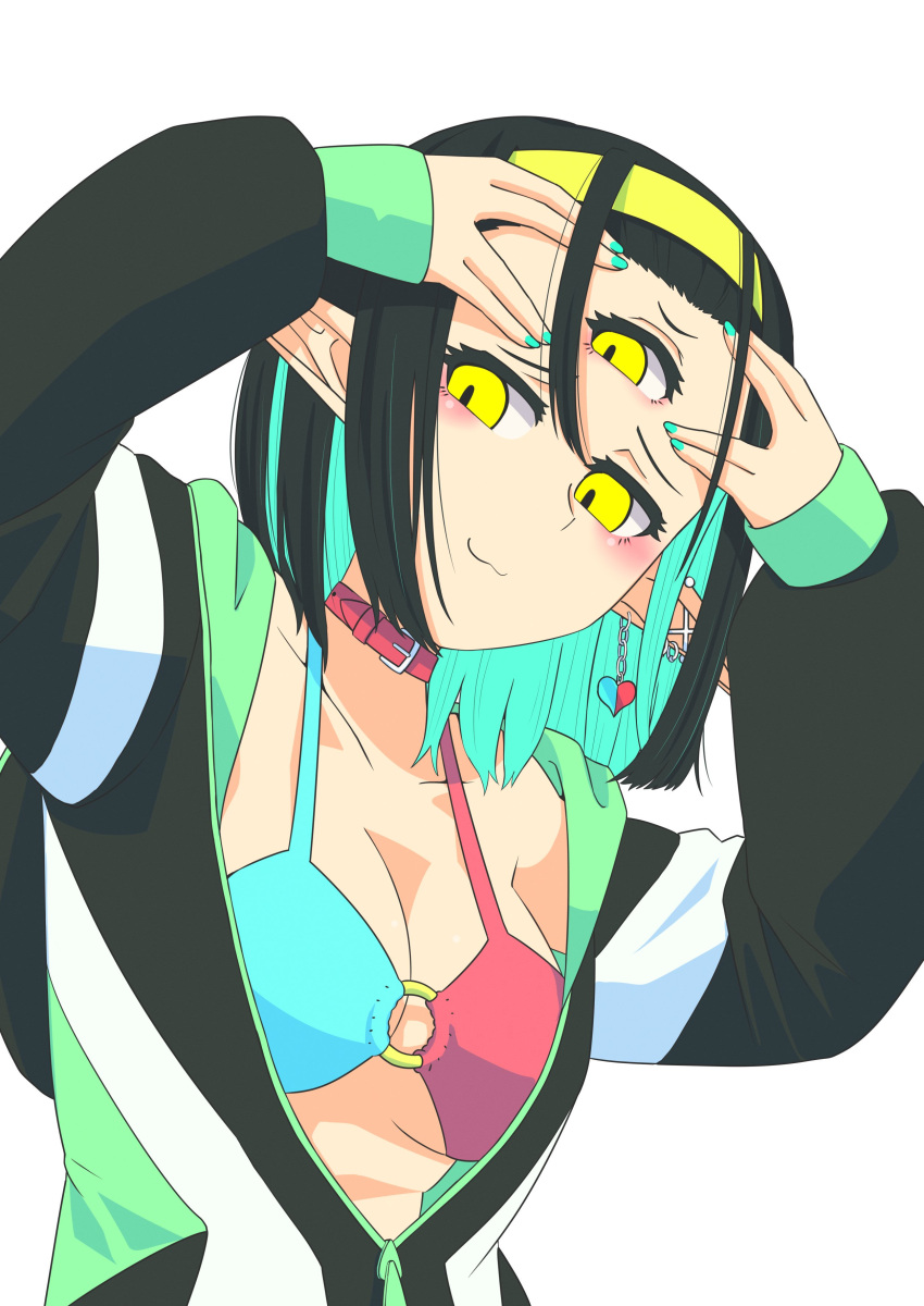 1girl :3 absurdres aqua_hair aqua_nails bikini bikini_top_only black_hair black_jacket blush breasts closed_mouth collar colored_inner_hair ear_piercing earrings extra_eyes hairband halterneck hands_up heart heart_earrings highres jacket jewelry long_pointy_ears looking_at_viewer medium_breasts medium_hair multicolored_hair open_clothes original piercing pointy_ears red_collar simple_background solo swimsuit third_eye toipokun_oyashi upper_body white_background yellow_eyes yellow_hairband