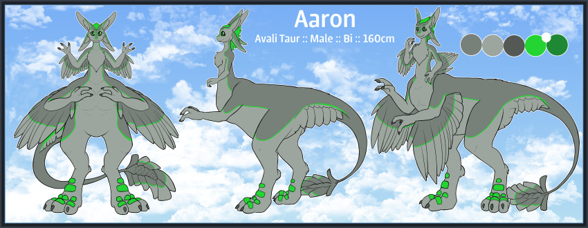 2023 3_fingers 3_toes 4_ears aaron_(avali) absurd_res avali avali_taur avian avian_taur biped biped_taur blue_border border character_name claws cloud cloudscape color_swatch digital_drawing_(artwork) digital_media_(artwork) digitigrade english_text feather_tuft feathered_wings feathers featureless_crotch feet fingers flat_colors front_view gender_name green_body green_eyes green_feathers green_scutes grey_body grey_claws grey_feathers grey_head grey_pawpads grey_sclera grey_wings height hi_res information long_ears long_neck male male_(lore) measurements model_sheet multi_ear nude outline pawpads portrait side_view sky sky_background small_upper_body solo species_name standing stated_bisexuality stated_sexuality tail taur taurification taurified text three-quarter_view toes tuft white_outline winged_arms wings zillyhoo