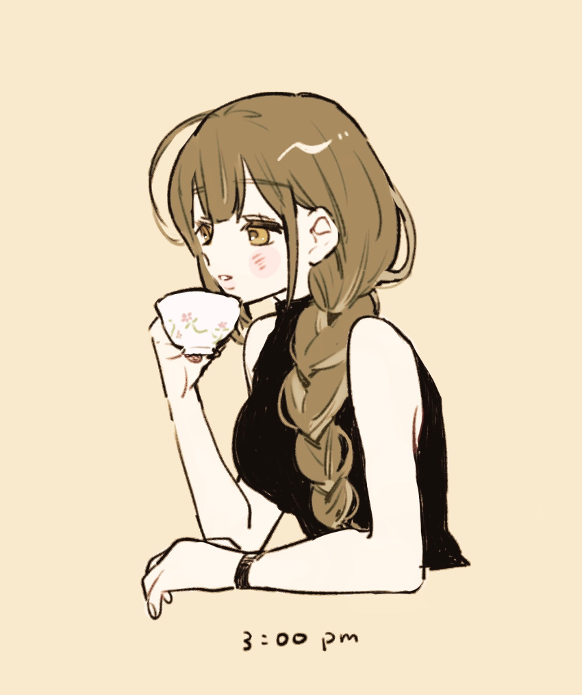 1girl ahoge bare_arms black_shirt blush breasts brown_hair cropped_torso cup gohanysu hair_over_shoulder highres holding holding_cup idolmaster idolmaster_shiny_colors kuwayama_chiyuki large_breasts long_braid looking_ahead shirt simple_background sleeveless sleeveless_shirt solo teacup upper_body yellow_background