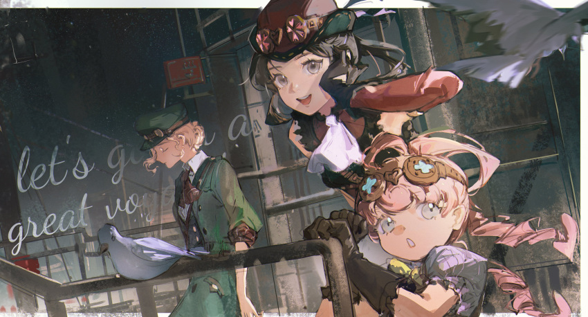 3girls absurdres ace_attorney animal arm_up ascot bird black_eyes black_gloves black_hair blonde_hair closed_eyes closed_mouth collared_shirt cowboy_shot drill_hair english_text gina_lestrade gloves goggles goggles_on_head green_headwear green_jacket hands_up hat highres iris_wilson jacket liyuliyuzhou long_hair multiple_girls open_mouth pink_hair purple_shirt red_ascot red_headwear shirt short_hair short_sleeves sleeves_rolled_up smile standing susato_mikotoba the_great_ace_attorney white_ascot white_shirt