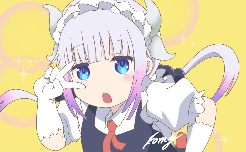 1girl absurdres black_dress blue_eyes blunt_bangs blush cosplay dragon_horns dress elbow_gloves gloves gradient_hair grey_hair hair_bobbles hair_ornament highres horns kanna_kamui kobayashi-san_chi_no_maidragon maid_headdress multicolored_hair no_nose open_mouth puffy_short_sleeves puffy_sleeves red_ribbon ribbon shirt short_sleeves simple_background solo sparkle tohru_(maidragon) tohru_(maidragon)_(cosplay) twintails v white_gloves white_shirt yellow_background yu_hei_manga