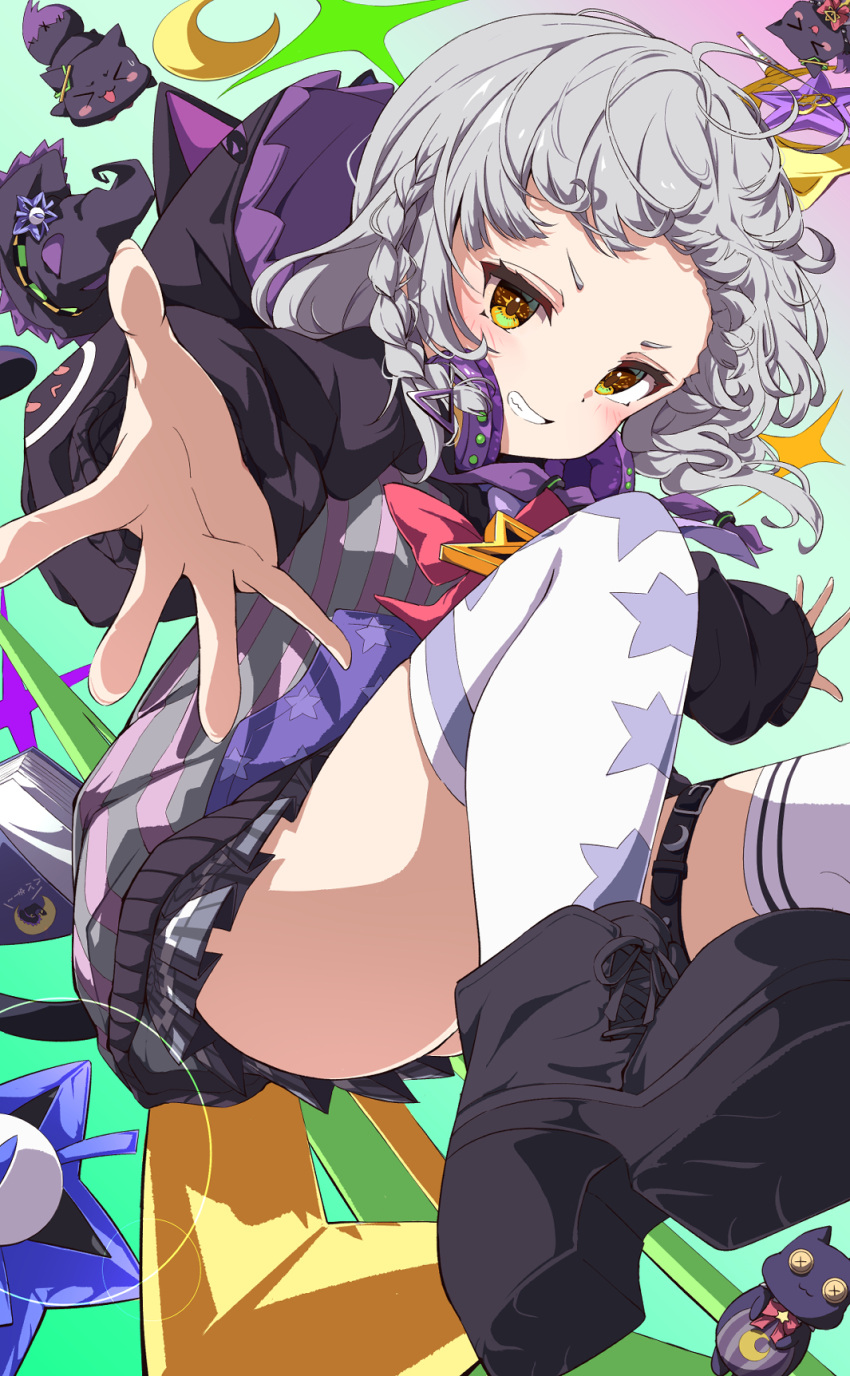 1girl animal_hood belt black_footwear black_skirt blush bow bowtie braid cat_hood coat crescent crescent_hair_ornament cropped_shirt fumi_(fumibeing) grey_coat grey_hair grey_hoodie hair_ornament highres hololive hood hood_down hoodie long_hair looking_at_viewer murasaki_shion murasaki_shion_(7th_costume) necktie pinstripe_pattern pinstripe_shirt print_hoodie print_thighhighs purple_hood purple_necktie shirt skirt smile solo star_(symbol) star_and_crescent star_print striped striped_shirt thigh_belt thigh_strap thighhighs thighs vertical-striped_shirt vertical_stripes virtual_youtuber white_thighhighs yellow_eyes