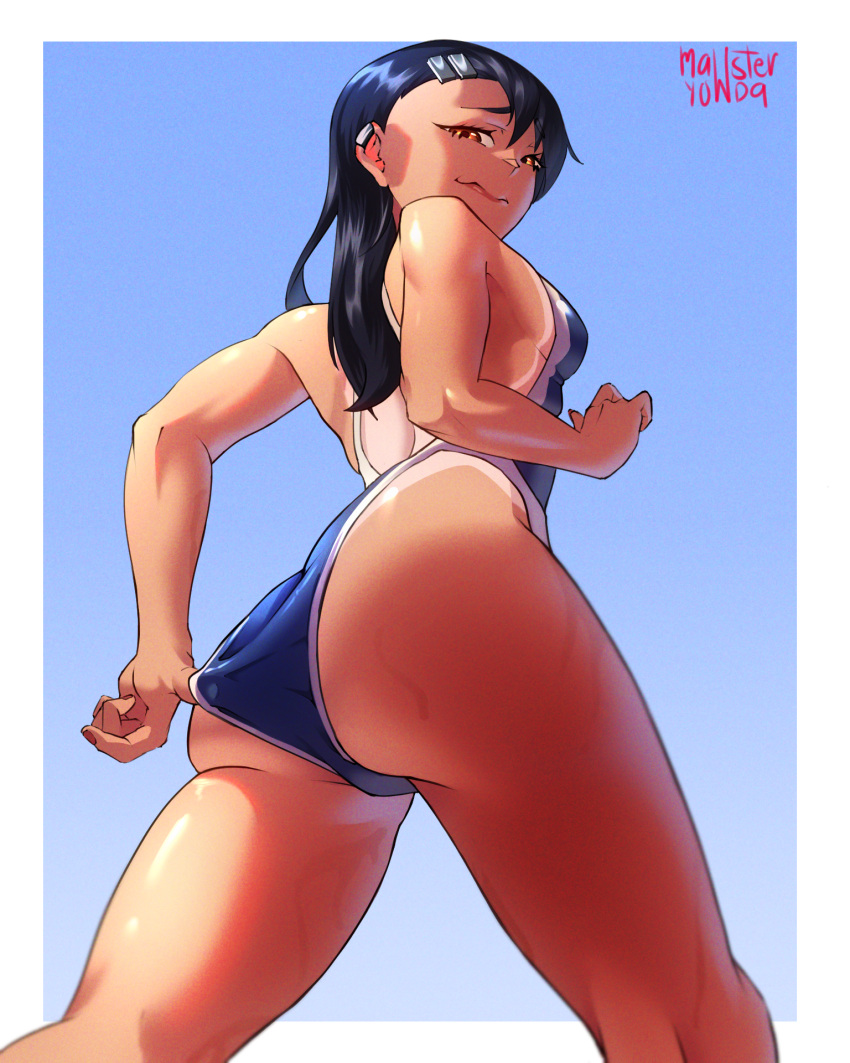 1girl adjusting_clothes adjusting_swimsuit ass asymmetrical_bangs black_hair blue_one-piece_swimsuit breasts brown_eyes commentary_request competition_swimsuit dark-skinned_female dark_skin earclip from_behind from_below highres ijiranaide_nagatoro-san long_hair looking_back mawster_yowda nagatoro_hayase one-piece_swimsuit one-piece_tan sideboob small_breasts solo swimsuit tan tanlines thighs