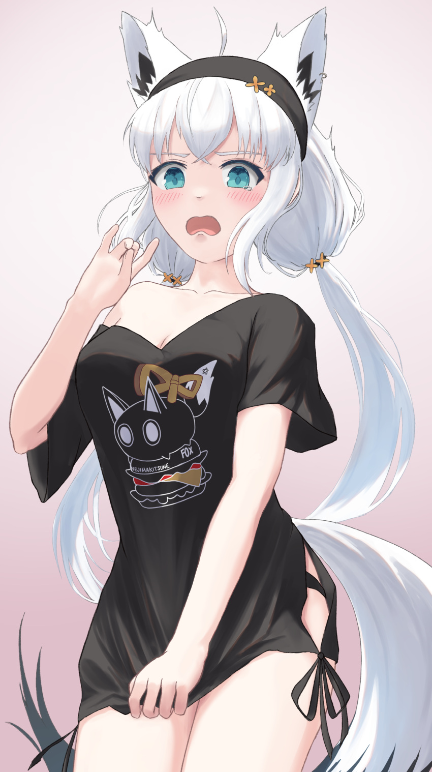 1girl absurdres ahoge animal_ear_fluff animal_ears black_panties black_shirt breasts cleavage clothes_pull commentary_request earrings extra_ears fox_ears fox_girl fox_tail gradient_background green_eyes hair_between_eyes highres hololive jewelry long_hair looking_at_viewer low_twintails open_mouth panties shirakami_fubuki shirakami_fubuki_(7th_costume) shirata98 shirt shirt_pull sidelocks simple_background solo tail tearing_up twintails underwear virtual_youtuber white_hair