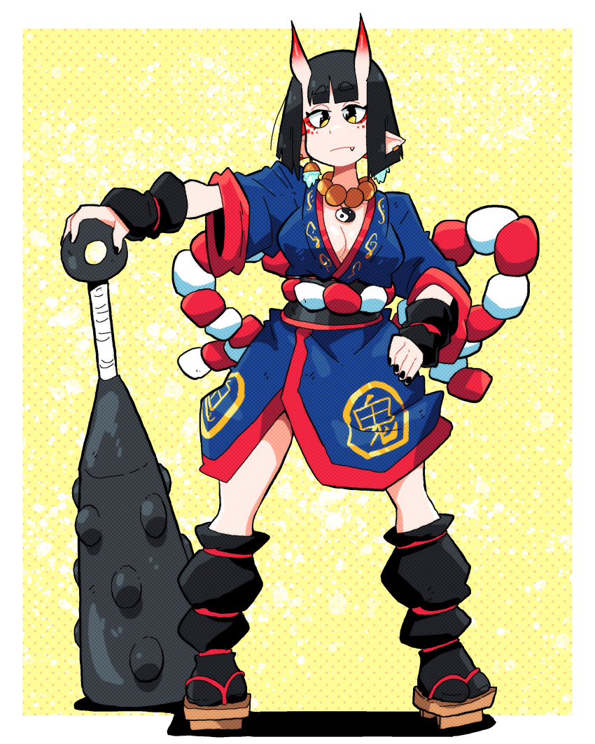 1girl absurdres black_nails black_socks blunt_bangs blunt_ends breasts cleavage club_(weapon) earrings fang full_body geta halftone highres horns jewelry looking_at_viewer medium_breasts necklace oni oni_horns original pointy_ears red_horns rope scott_malin shadow short_hair skin-covered_horns socks solo standing weapon wide_sleeves yellow_eyes yin_yang