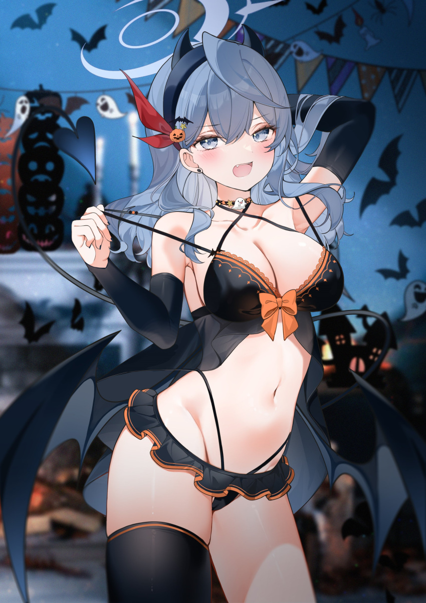 1girl absurdres ako_(blue_archive) alternate_costume arm_behind_head arm_up armpits bare_shoulders bikini black_bikini black_choker black_skirt black_thighhighs blue_archive blue_eyes blue_hair blurry breasts cameltoe choker cleavage collarbone contrapposto cowboy_shot criss-cross_halter demon_girl demon_tail demon_wings depth_of_field detached_sleeves fake_horns fang front-tie_bikini_top front-tie_top hair_ornament hairband halloween halo halterneck highleg highleg_bikini highres horns lace-trimmed_bikini lace_trim large_breasts long_hair long_sleeves looking_at_viewer low_wings microskirt multi-strapped_bikini_top nail_polish navel open_mouth pulled_by_self see-through single_thighhigh skindentation skirt solo standing stomach strap_pull string_bikini swimsuit tail thighhighs thighs wings yukineko1018