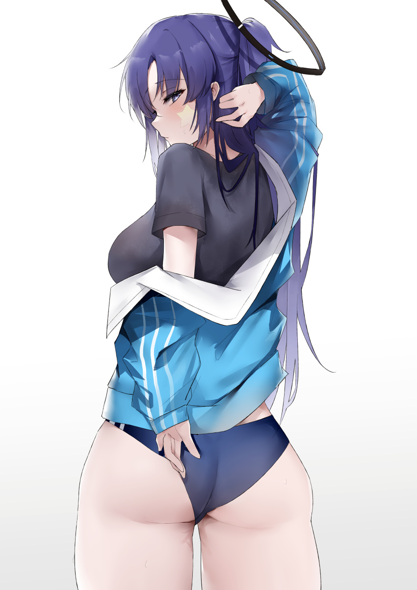 1girl absurdres ass blue_archive blue_buruma breasts buruma facepaint from_behind halo highres jacket large_breasts looking_at_viewer looking_back purple_hair simple_background solo star_(symbol) track_jacket white_background yanwulazy yuuka_(blue_archive) yuuka_(track)_(blue_archive)