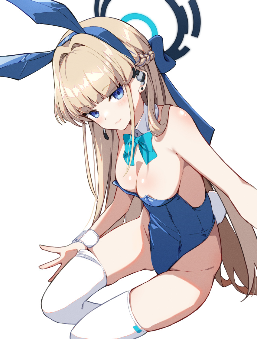 1girl absurdres animal_ears bare_shoulders blonde_hair blue_archive blue_bow blue_eyes blue_hairband blue_leotard bow bowtie braid breasts commentary detached_collar fake_animal_ears hairband halo highleg highleg_leotard highres leotard long_hair official_alternate_costume official_alternate_hairstyle playboy_bunny rabbit_ears seero simple_background sitting solo thighhighs thighs toki_(blue_archive) toki_(bunny)_(blue_archive) very_long_hair white_background white_thighhighs wrist_cuffs