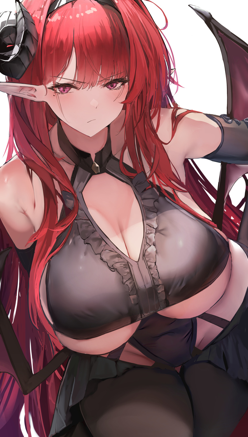 1girl absurdres azur_lane bare_shoulders black_hairband black_pantyhose breasts cleavage cleavage_cutout closed_mouth clothing_cutout commentary english_commentary hair_ornament hairband highres hindenburg_(azur_lane) horns large_breasts liaowen long_hair looking_at_viewer mole mole_under_eye pantyhose pointy_ears purple_eyes red_eyes simple_background solo underboob white_background wings