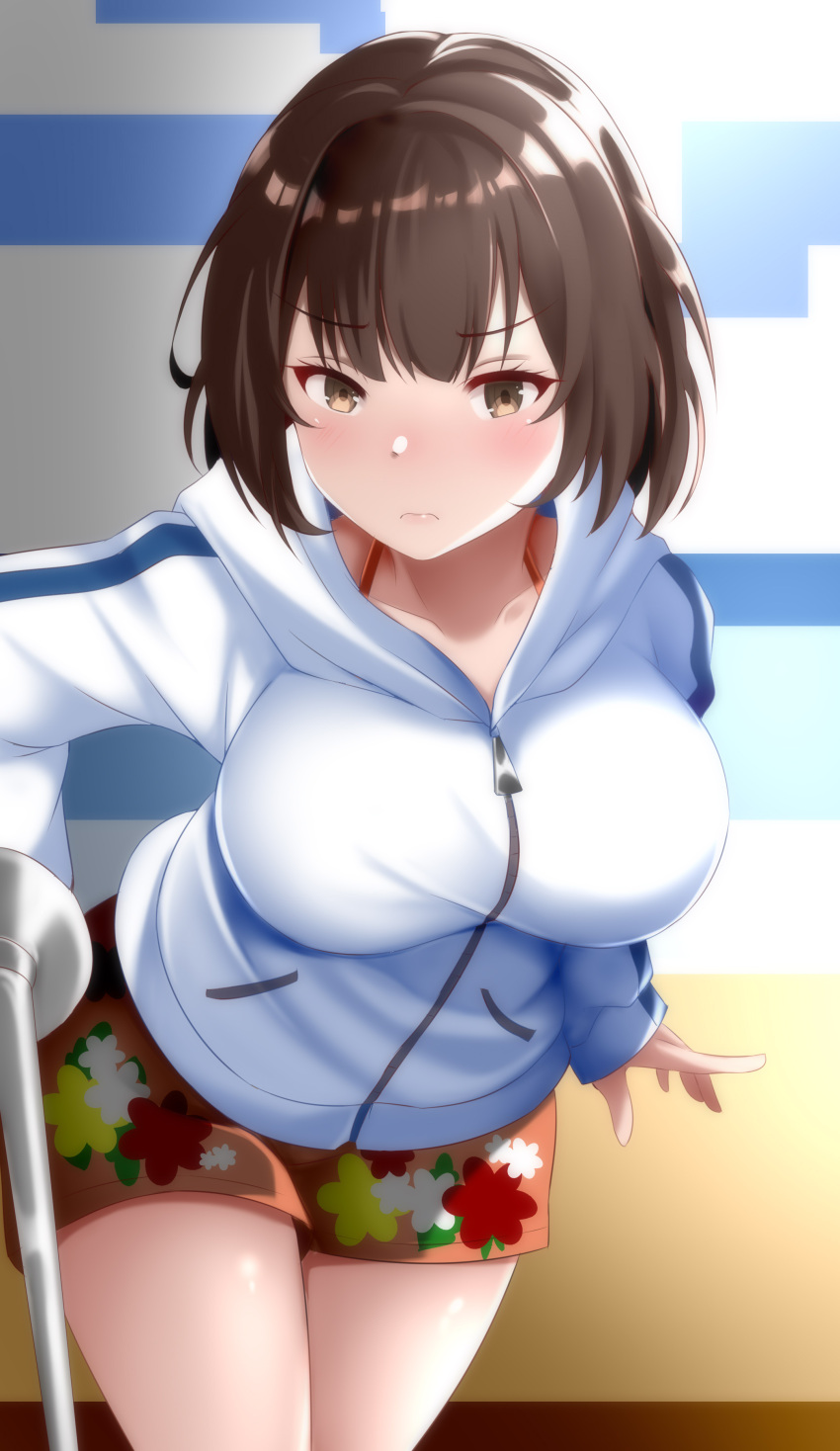 1girl absurdres blush breasts brown_eyes brown_hair character_request commission floral_print highres hood hood_down hooded_jacket impossible_clothes indoors jacket kagaku_sentai_dynaman large_breasts leaning_forward male_swimwear pandacross pixiv_commission solo standing super_sentai swim_trunks swimsuit white_jacket zipper