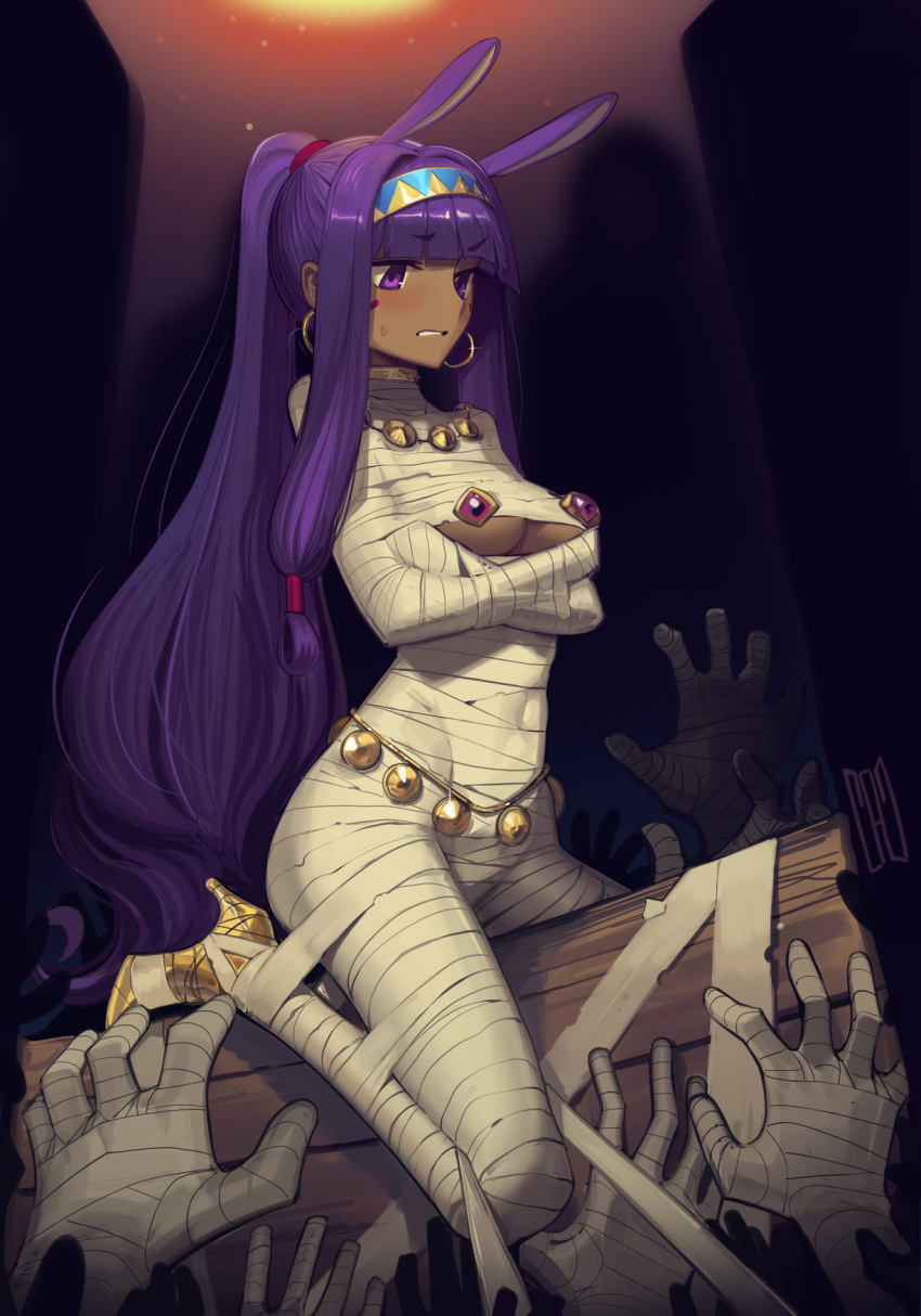 1girl animal_ears bandages bdsm belly_chain blue_hairband blunt_bangs bondage bound breasts cad_(caddo) character_request clenched_teeth commentary dark_skin earrings fate/grand_order fate_(series) hairband high_heels highres hoop_earrings jewelry large_breasts long_hair mummification_(bound) nitocris_(fate) ponytail purple_eyes purple_hair solo_focus teeth thighs underboob very_long_hair