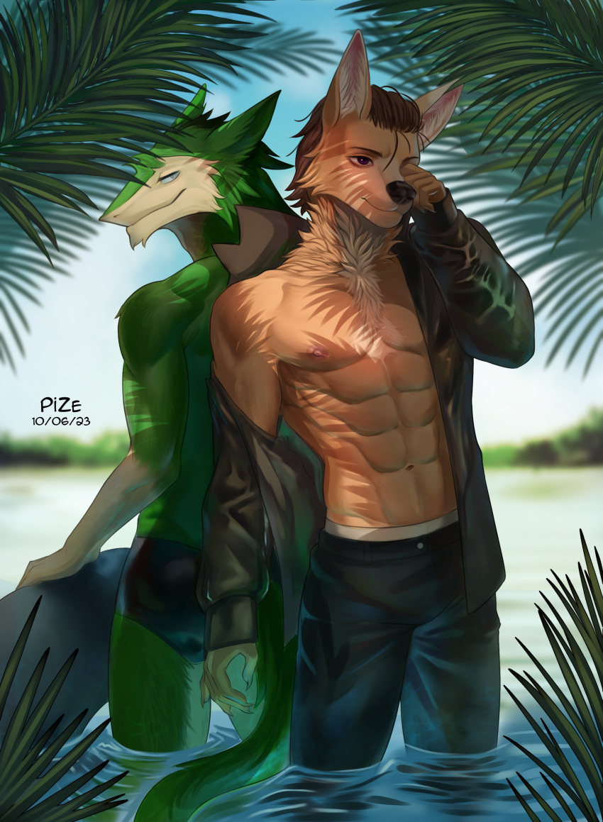 absurd_res anthro canid canine duo hi_res male mammal muscular palm_tree pize plant sea sergal tree water