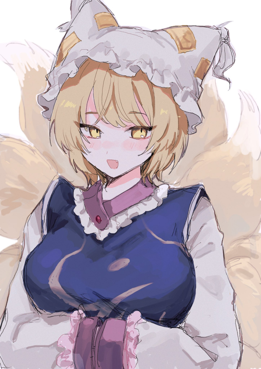 1girl :d blonde_hair blush commentary fang fox_tail hands_in_opposite_sleeves hat highres kitsune long_sleeves looking_at_viewer mob_cap multiple_tails one-hour_drawing_challenge open_mouth plumapple3 short_hair smile solo tail touhou upper_body white_headwear yakumo_ran yellow_eyes