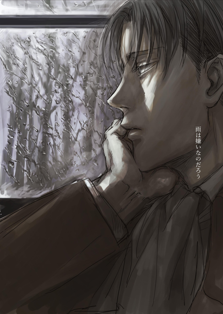 1boy absurdres bare_tree black_eyes black_hair chiruchiru elbow_rest expressionless from_side highres jacket levi_(shingeki_no_kyojin) looking_ahead male_focus night night_sky profile rain shingeki_no_kyojin short_hair sky snow solo tree upper_body