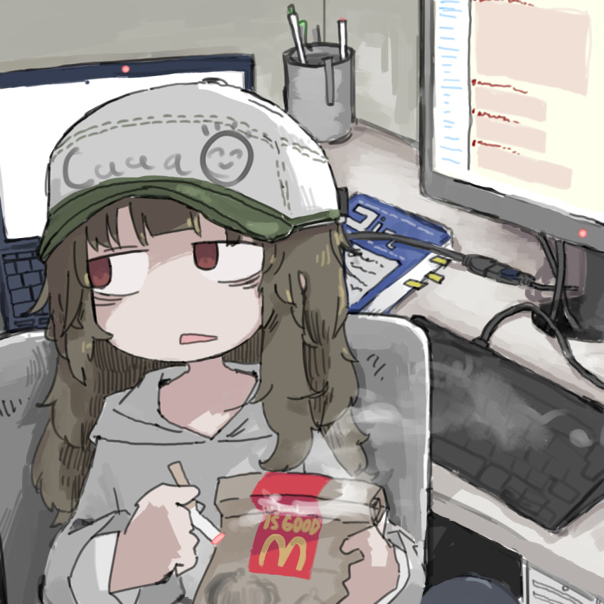 1girl averting_eyes bag bags_under_eyes baseball_cap book brown_hair cable cigarette computer cup desk empty_eyes english_text frown grey_hoodie hat highres holding holding_bag holding_cigarette hood hood_down hoodie imageboard indoors keyboard_(computer) laptop long_hair long_sleeves mcdonald's messy_hair no_pupils on_chair open_mouth original paper_bag pen print_headwear red_eyes sitting smoke_trail solo torosakana upper_body