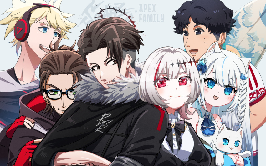 apex_legends arm_tattoo black_hair blonde_hair blue_eyes dtto. fur-trimmed_jacket fur_trim glasses highres jacket multiple_boys multiple_girls real_life red_eyes restya rpr scarz tattoo tori_gyoza utaite_(singer) virtual_youtuber white_hair