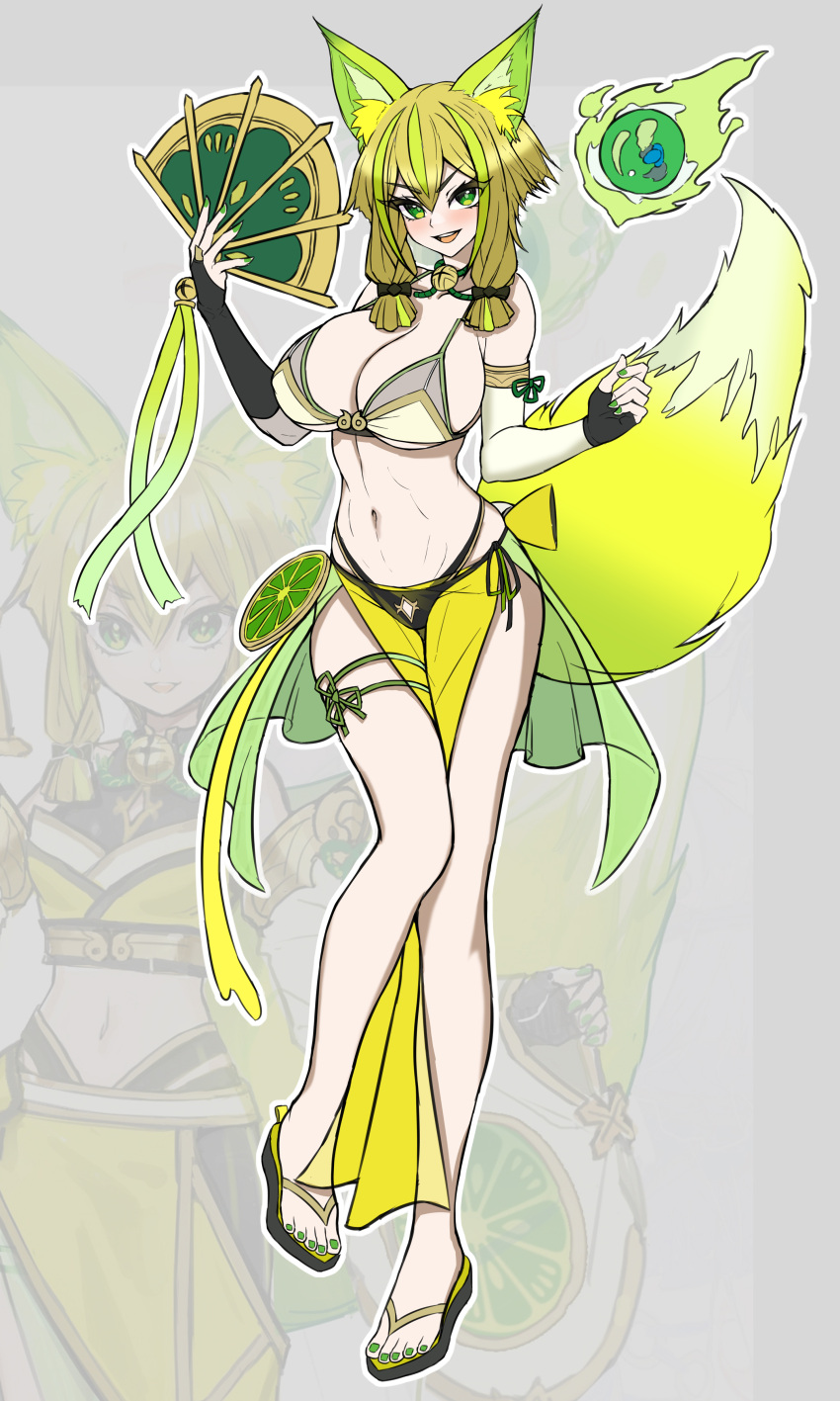 1girl :d absurdres adapted_costume alternate_breast_size animal_ears arm_strap asymmetrical_gloves bare_shoulders bikini black_bikini blonde_hair breasts bridal_gauntlets chinese_commentary cleavage collarbone commentary_request duel_monster floating floating_object fox_ears fox_girl fox_tail full_body green_eyes green_hair green_nails hair_between_eyes hand_fan highres holding holding_fan hu-li_the_jewel_mikanko large_breasts layered_bikini looking_at_viewer mismatched_bikini multicolored_hair navel open_mouth pelvic_curtain sandals see-through short_hair_with_long_locks showgirl_skirt sidelocks smile standing standing_on_one_leg stomach streaked_hair swimsuit tail teeth thigh_strap upper_teeth_only yellow_bikini yu-gi-oh! yutou_yutou_yu zoom_layer