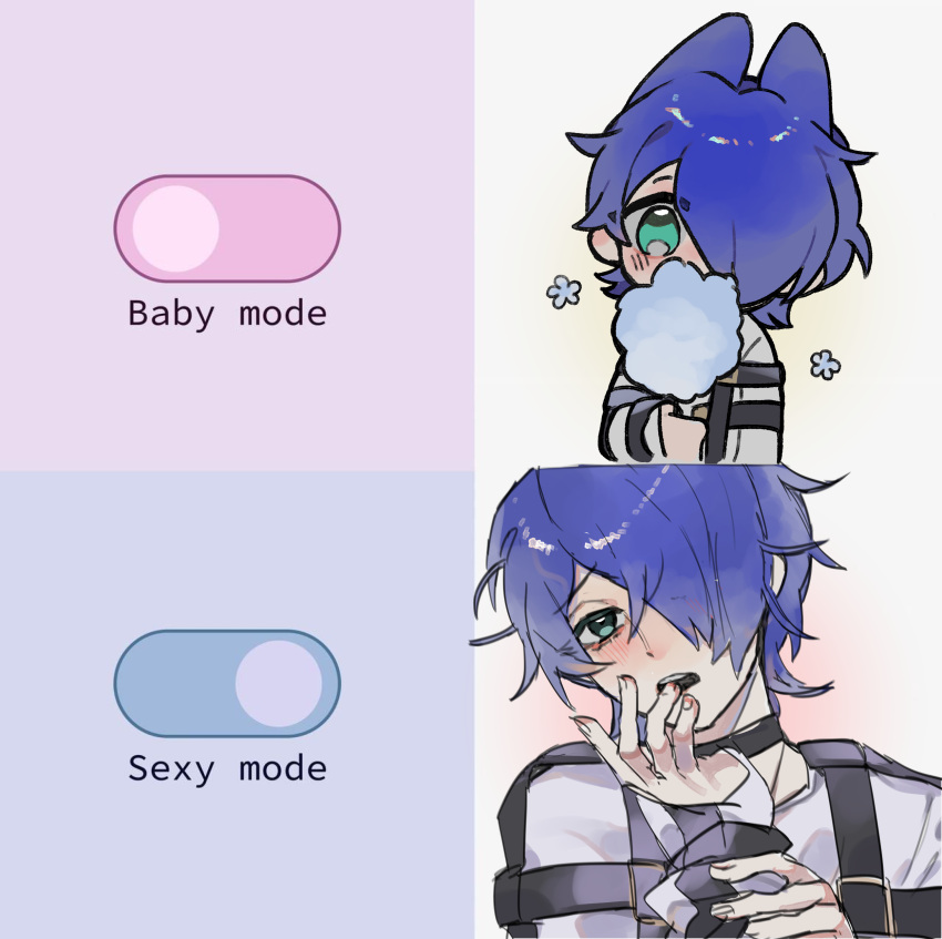 1boy absurdres animal_ears aqua_eyes baby_mode_sexy_mode_(meme) blue_hair cat_boy cat_ears cotton_candy hair_over_one_eye highres looking_at_viewer male_focus meme milgram mou_xingchen multicolored_background one_eye_covered pink_background purple_background sakurai_haruka_(milgram) solo white_background yellow_background
