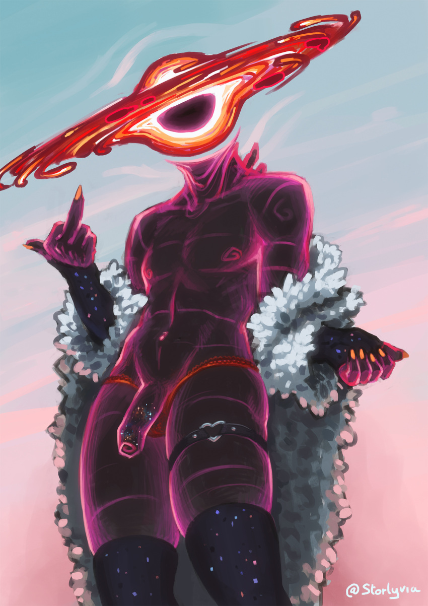 absurd_res blackhole blackhole_(character) celestial_being clothing cosmic_dick fur_coat genitals gesture girly hi_res humanoid legwear long_nails male middle_finger nude penis solo starlyve thick_thighs thigh_highs thong trou_noir underwear