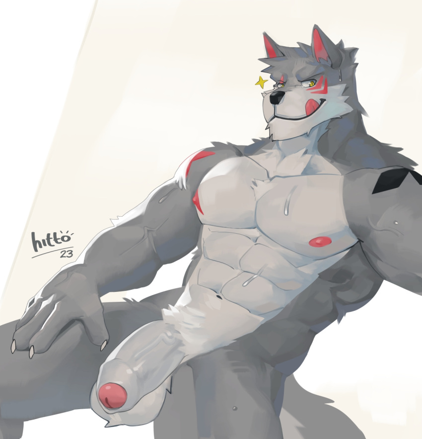 anthro balls biceps bodily_fluids canid canine canis casual_nudity flaccid foreskin fur genitals grey_body grey_fur hi_res hittoga humanoid_genitalia humanoid_hands humanoid_penis male mammal manly muscular muscular_anthro muscular_male navel nipples nude pecs penis simple_background solo solo_focus sweat wolf