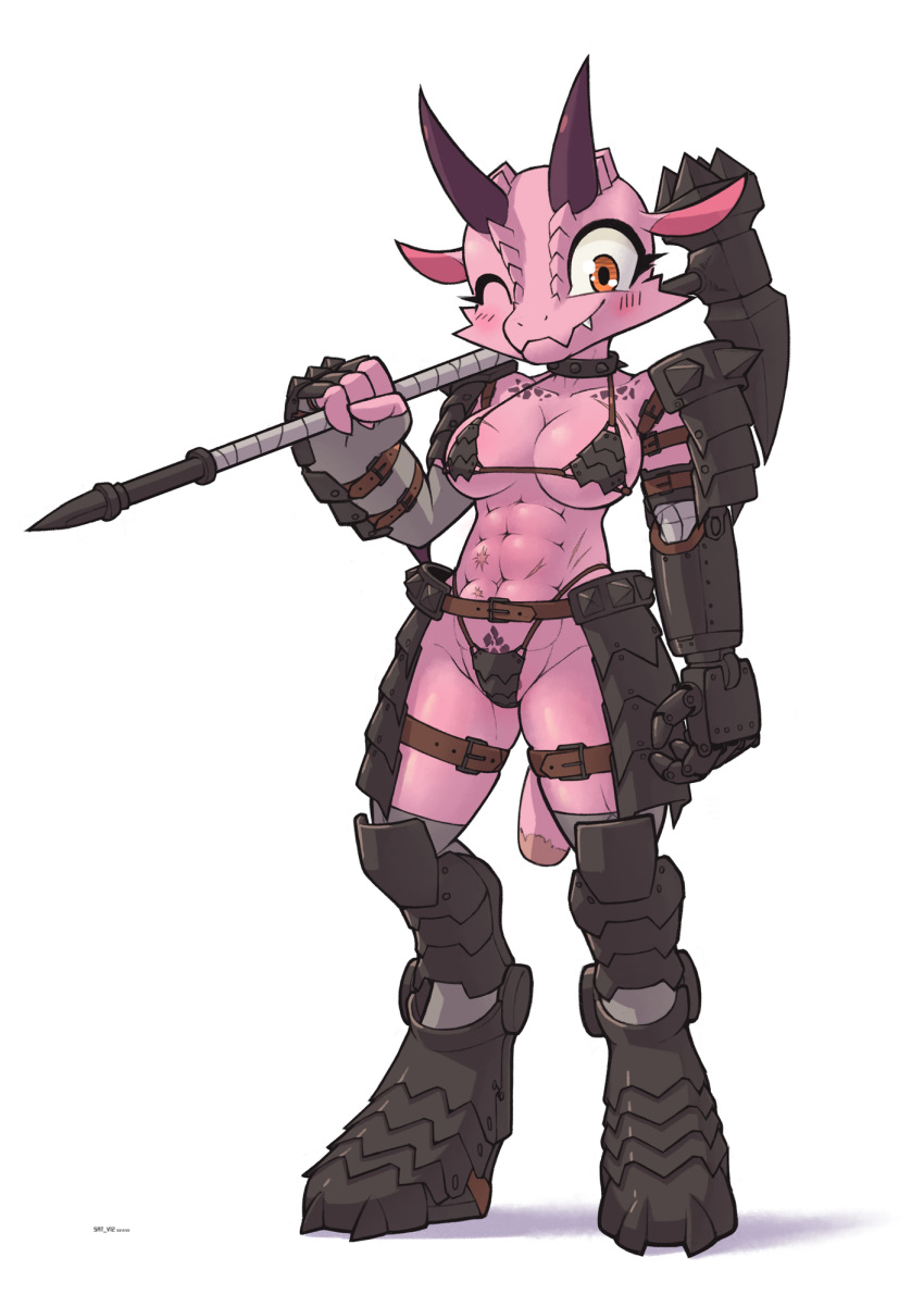 2023 abs anthro armor blush breasts clothed clothing cute_fangs digital_media_(artwork) female female_anthro footwear full-length_portrait hammer hi_res holding_object holding_weapon horn kemono kobold legwear looking_at_viewer melee_weapon muscular muscular_anthro muscular_female one_eye_closed portrait reptile sat_v12 scales scalie scar simple_background skimpy solo tools translated_description unconvincing_armor warhammer weapon white_background wink
