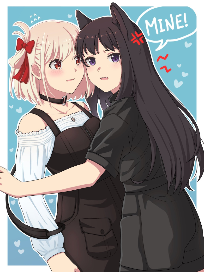 2girls animal_ears bare_shoulders black_choker black_hair black_overalls black_shirt black_shorts blonde_hair blue_background blush bob_cut border bow choker collarbone collared_shirt commentary english_commentary frilled_shirt frills hair_bow heart highres inoue_takina kabedon kuromahikaren long_sleeves looking_at_another looking_at_viewer lycoris_recoil multiple_girls nishikigi_chisato o-ring o-ring_choker off-shoulder_shirt off_shoulder one_side_up open_mouth outline overalls puffy_sleeves purple_eyes red_bow red_eyes shirt short_hair short_sleeves shorts sidelocks teeth upper_teeth_only white_border white_outline white_shirt yuri