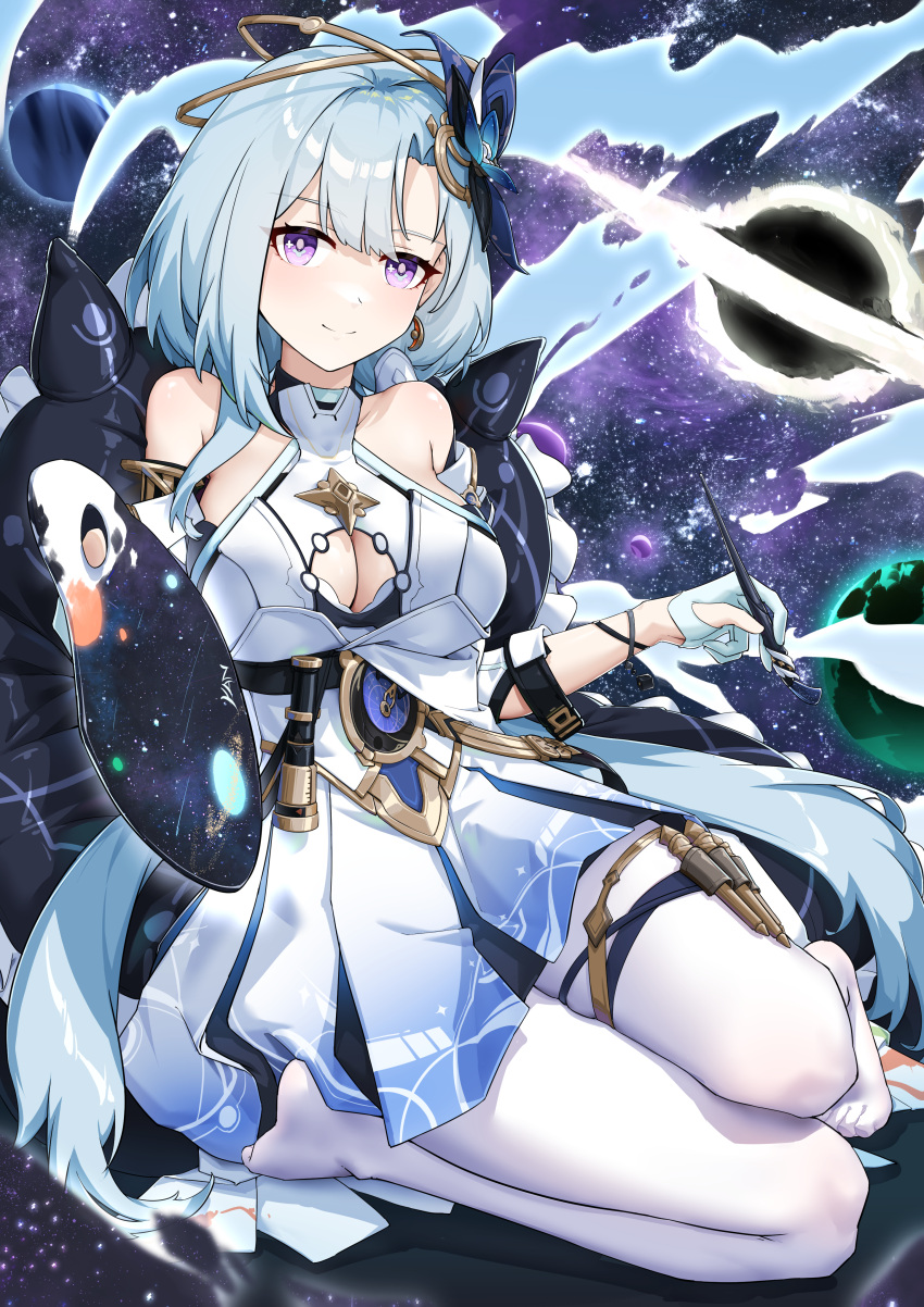 1girl absurdres bare_shoulders blue_hair breasts chinese_commentary cleavage cleavage_cutout closed_mouth clothing_cutout dress earrings full_body galaxy gloves griseo hair_ornament half_gloves halo highres holding holding_brush honkai_(series) honkai_impact_3rd jewelry large_breasts long_hair looking_at_viewer no_shoes pantyhose purple_eyes seiza sitting smile solo space thigh_strap white_dress white_gloves white_pantyhose yan_(unicorn404)