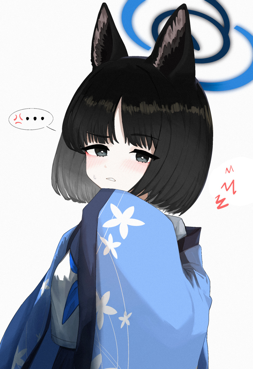 ... 1girl absurdres anger_vein animal_ears black_eyes black_hair blue_archive blue_halo blush bonefire0909 cat_ears halo haori highres japanese_clothes kikyou_(blue_archive) looking_at_viewer open_mouth short_hair simple_background sleeves_past_fingers sleeves_past_wrists solo spoken_anger_vein spoken_ellipsis upper_body white_background wide_sleeves