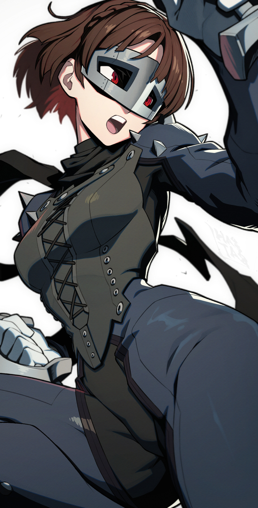 1girl biker_clothes bikesuit blue_bodysuit bodysuit braid brown_hair close-up crown_braid fighting_stance grey_mask hata4564 highres laces long_scarf multicolored_clothes niijima_makoto open_mouth persona persona_5 red_eyes scarf short_hair shoulder_spikes simple_background solo spiked_knuckles spikes steel_mask white_background