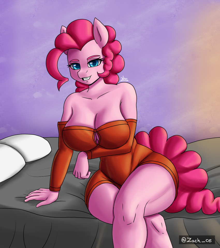 anthro big_breasts breasts cleavage clothed clothing crossed_legs equid equine female friendship_is_magic hasbro hi_res mammal my_little_pony pink_body pinkie_pie_(mlp) solo thick_thighs zachc