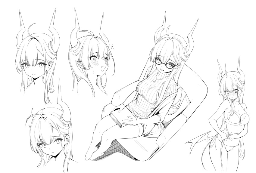 !? 1girl absurdres book breasts demon_horns glasses highres holding holding_book horns looking_at_viewer looking_down looking_up nekojira open_mouth original smile sweater thea_(nekojira) thighs underwear white_background wide-eyed