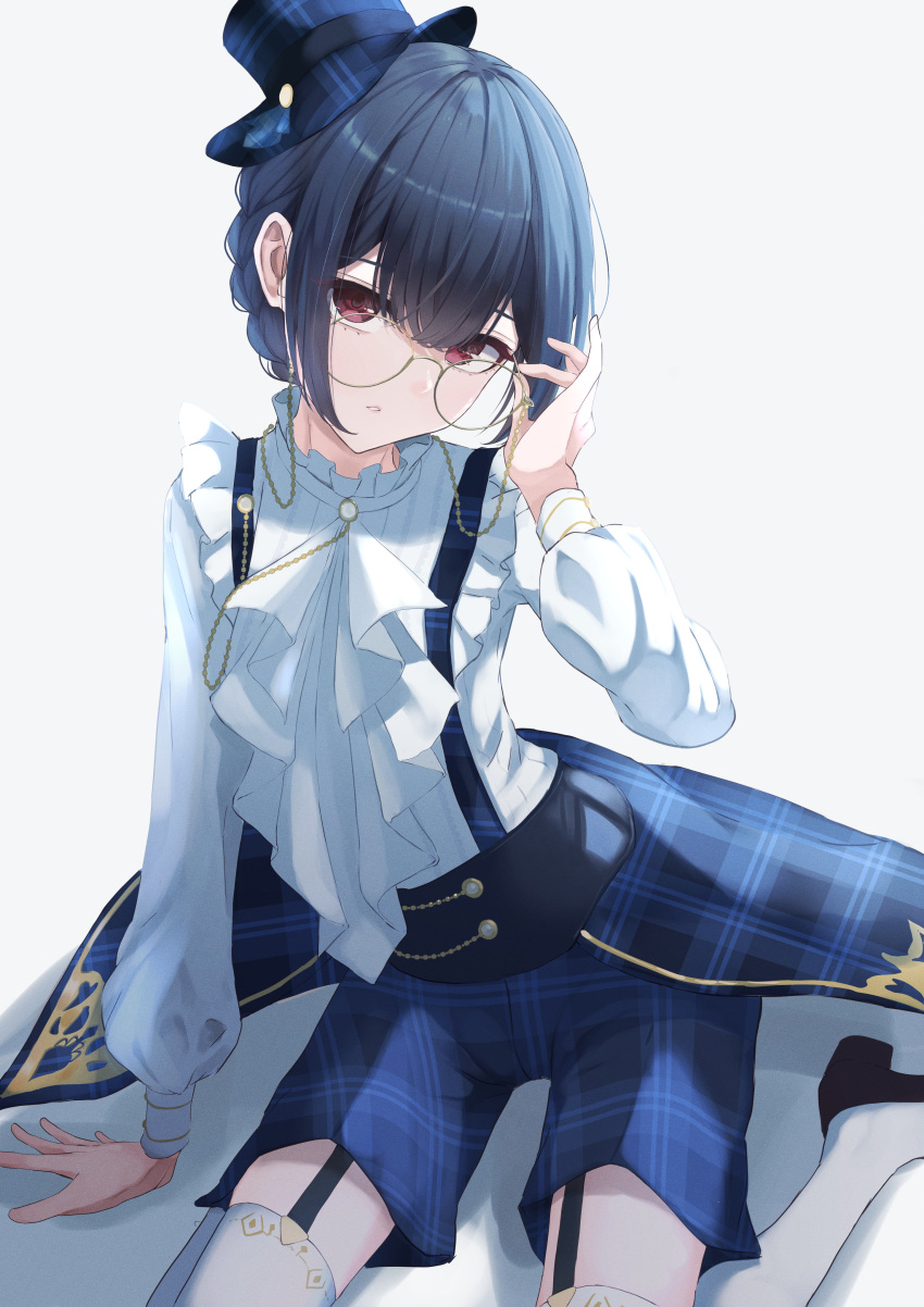 1girl absurdres arm_support bespectacled black_hair blue_headwear blue_shorts blue_skirt blush corset eyewear_strap garter_belt glasses hair_between_eyes hand_up hat high_heels highres holding holding_eyewear idolmaster idolmaster_shiny_colors long_sleeves looking_at_viewer marishiten_(mar1sh110) morino_rinze neckerchief overskirt parted_lips plaid plaid_headwear plaid_shorts plaid_skirt red_eyes round_eyewear shirt short_hair shorts simple_background sitting skirt solo suspender_shorts suspenders thighhighs wariza white_background white_neckerchief white_shirt white_thighhighs