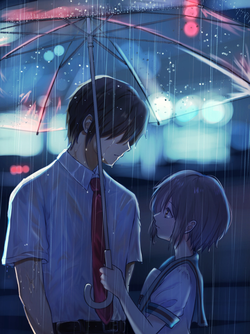 1boy 1girl belt black_belt blue_sailor_collar brown_eyes brown_hair collared_shirt commentary_request eequal_mc2 from_side highres holding holding_umbrella kita_high_school_uniform koizumi_itsuki looking_at_another nagato_yuki necktie night outdoors purple_hair rain red_necktie sailor_collar school_uniform see-through see-through_shirt serafuku shirt short_hair short_sleeves summer_uniform suzumiya_haruhi_no_yuuutsu transparent transparent_umbrella umbrella wet wet_clothes wet_shirt white_shirt