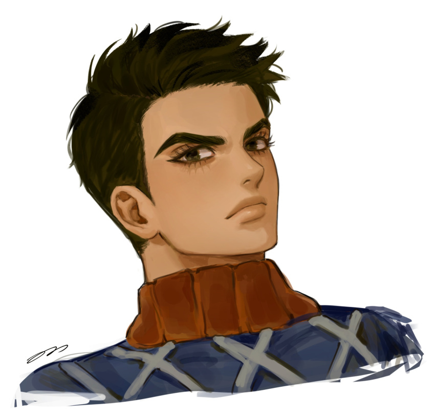 1boy black_eyes black_hair blue_shirt closed_mouth guido_mista highres jojo_no_kimyou_na_bouken looking_at_viewer male_focus on0n portrait shirt short_hair simple_background solo turtleneck v-shaped_eyebrows vento_aureo white_background