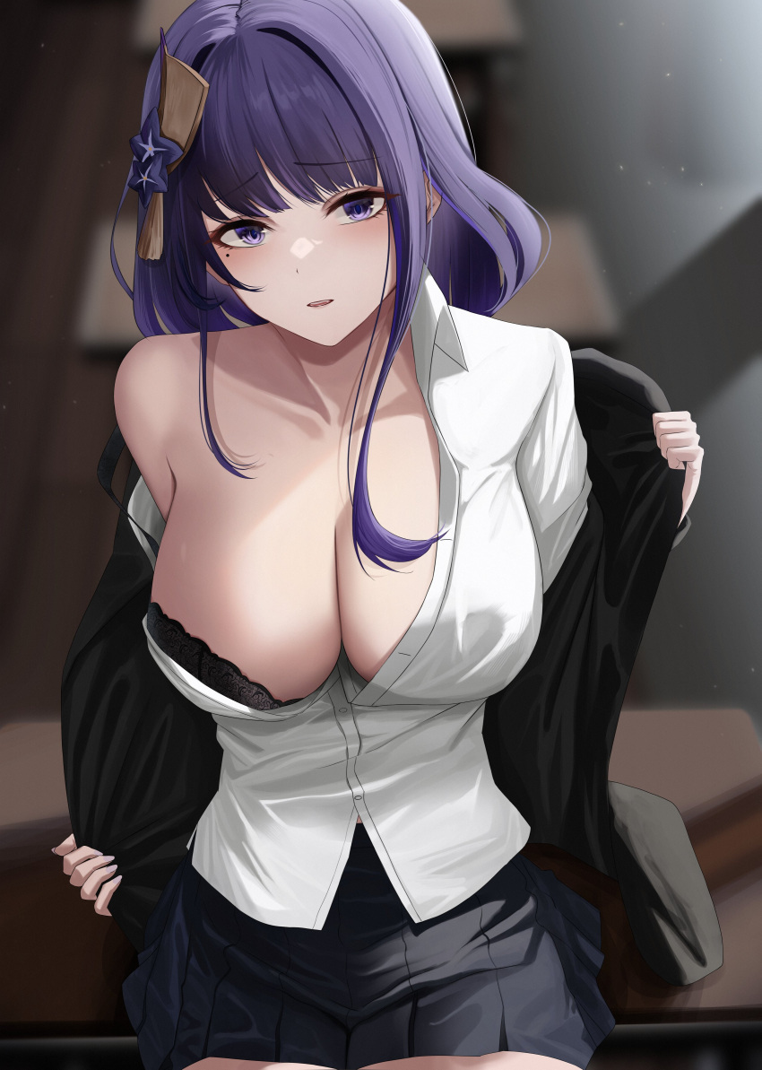 1girl absurdres black_bra black_jacket black_skirt blurry blurry_background bra breasts cleavage clothes_pull collarbone desk flower genshin_impact hair_flower hair_ornament highres jacket large_breasts light_particles long_hair looking_at_viewer mole mole_under_eye parted_lips pleated_skirt purple_eyes purple_flower purple_hair raiden_shogun shirt sidelocks single_bare_shoulder sitting skirt solo underwear undressing white_shirt yamikyon