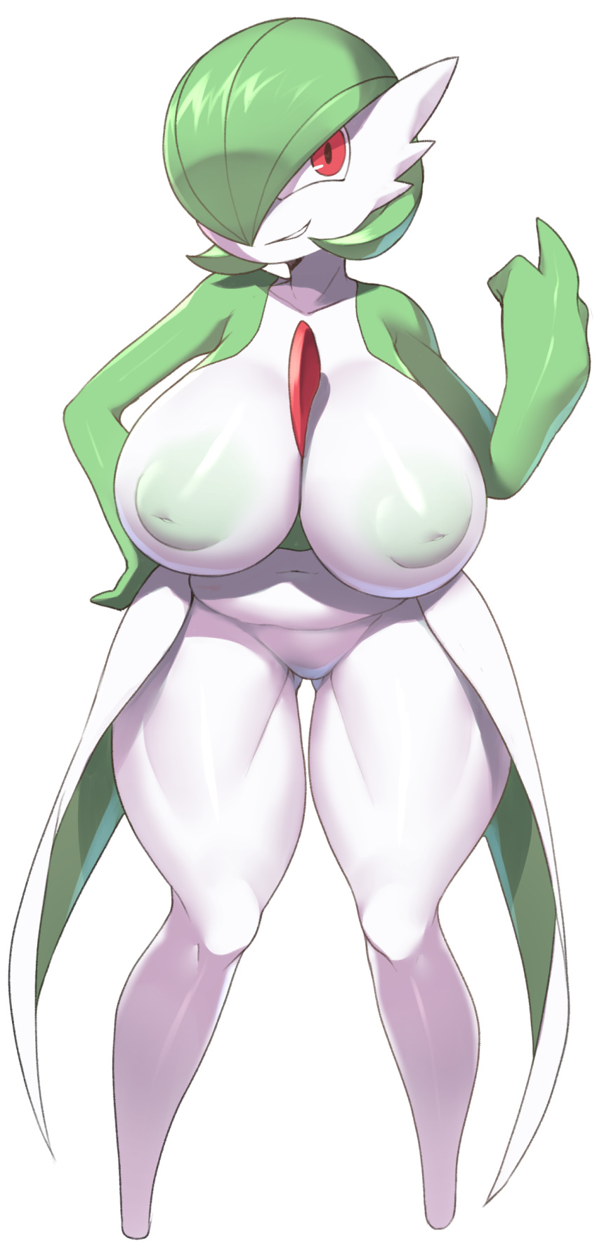 1girl absurdres alternate_breast_size breasts collarbone colored_nipples colored_skin full_body gardevoir green_hair green_nipples green_skin hair_over_one_eye hand_up highres huge_breasts inverted_nipples looking_at_viewer navel pokemon pokemon_(creature) sinensian solo standing teeth transparent_background white_skin