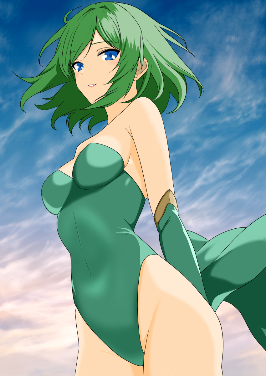 1girl absurdres aged_up blue_eyes blush breasts cloud detached_sleeves final_fantasy final_fantasy_iv green_hair green_leotard groin highleg highleg_leotard highres leotard lipstick long_hair looking_at_viewer makeup rydia_(ff4) smile solo yuuyuu_(3jjbn)