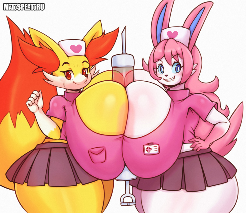 anthro big_breasts bottomwear breast_squish breasts breasts_frottage cleavage clothed clothing eeveelution female female/female fennekin generation_6_pokemon headgear headwear huge_breasts hyper hyper_breasts matospectoru nintendo nurse_clothing nurse_headwear pokemon pokemon_(species) skirt squish sylveon thick_thighs