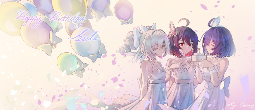 3girls ^_^ absurdres ahoge balloon bare_shoulders bow breasts bronya_zaychik butterfly_hair_ornament caisena cake character_name closed_eyes closed_mouth collarbone commentary_request dress drill_hair food grey_hair hair_between_eyes hair_bow hair_ornament hands_up happy_birthday highres honkai_(series) honkai_impact_3rd multicolored_hair multiple_girls petals purple_hair red_eyes red_hair seele_(alter_ego) seele_vollerei sleeveless sleeveless_dress small_breasts smile strapless strapless_dress twin_drills twintails two-tone_hair white_bow white_dress wrist_cuffs