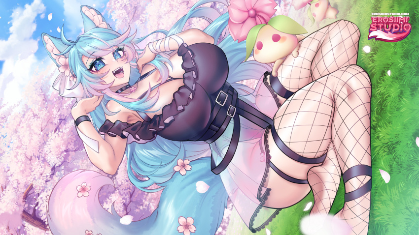 1girl absurdres animal_ears artist_logo black_panties blue_eyes blue_hair blue_sky bow cherry_blossoms clothes_lift cloud commentary english_commentary fangs fingernails fishnet_thighhighs fishnets flower forest gradient_hair grass hair_bow highres kneeling long_hair multicolored_hair mushroom nature on_grass open_mouth osiimi panties petals pink_hair pink_nails see-through silvervale silvervale_(5th_costume) skirt skirt_lift sky solo tail thighhighs underwear very_long_hair virtual_youtuber vshojo white_background white_bow wolf_ears wolf_girl wolf_tail