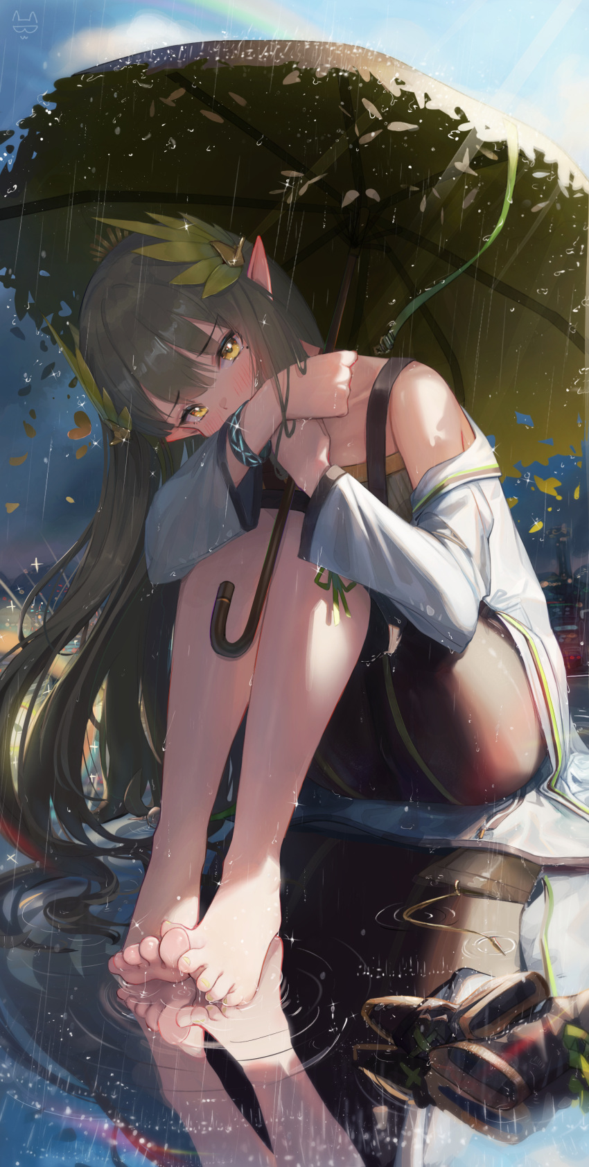 1girl absurdres arknights bare_legs barefoot boots coat elf feather_hair feet green_hair highres holding holding_umbrella lab_coat long_hair long_sleeves looking_at_viewer mole mole_under_eye muelsyse_(arknights) pointy_ears reflection soles toes umbrella water white_coat yellow_eyes zayur