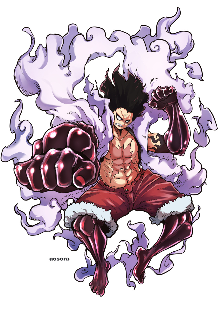 1boy abs alternate_form aosora2823 artist_name black_hair clenched_hands clenched_teeth commentary_request floating_hair full_body gear_fourth gear_fourth:_snakeman highres male_focus monkey_d._luffy one_piece scar scar_on_chest simple_background solo teeth topless_male white_background