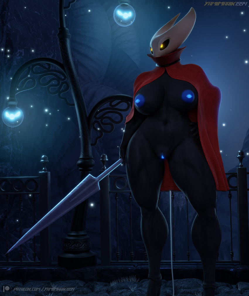 3d_(artwork) absurd_res anthro arthropod black_body black_sclera blender_(software) blue_nipples blue_pussy breasts cape cavern cloak clothing detailed_background digital_media_(artwork) female fence genitals glowing glowing_genitalia glowing_nipples glowing_pussy grass hand_on_hip hi_res holding_object holding_weapon hollow_knight horn hornet_(hollow_knight) huge_filesize insect looking_offscreen mostly_nude nipples patreon patreon_logo plant pussy red_clothing royalty signature solo standing street_lamp team_cherry text url vessel_(species) weapon yamimarik1994 yellow_eyes