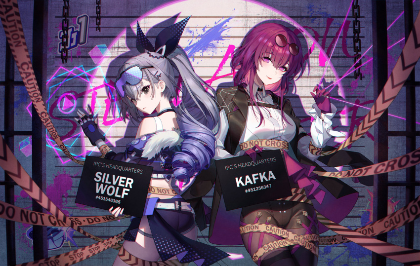 2girls absurdres belt broken broken_chain brown_eyes chain character_name drill_hair fingerless_gloves gloves gradient_hair grey_hair hand_up height_chart highres holding holding_sign honkai:_star_rail honkai_(series) kafka_(honkai:_star_rail) lemonpear multicolored_hair multiple_girls pantyhose ponytail purple_eyes purple_gloves purple_hair short_shorts shorts sign silver_wolf_(honkai:_star_rail) single_bare_shoulder