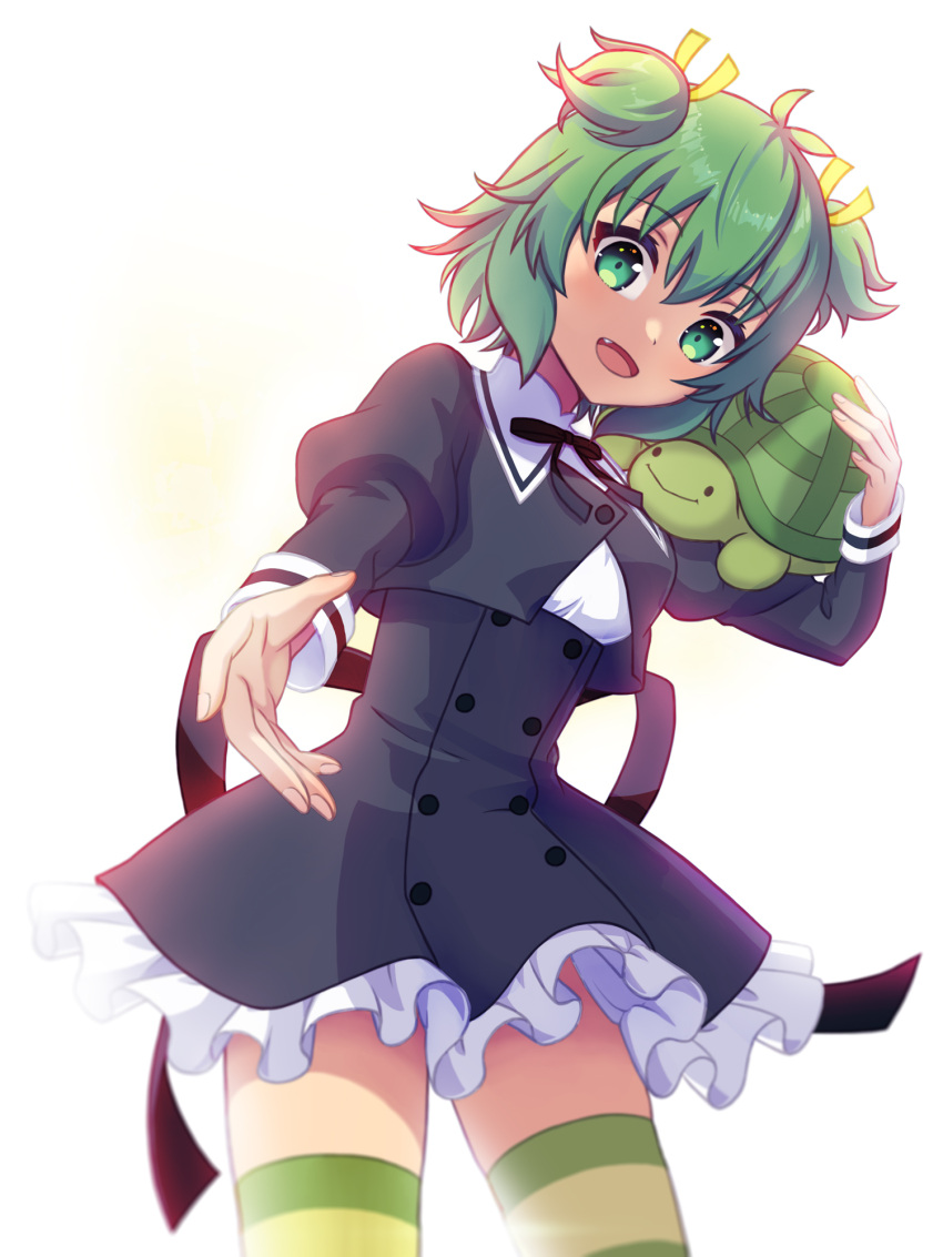 1girl assault_lily black_ribbon black_skirt buttons c-chrone commentary_request commission cowboy_shot cropped_jacket fang fingernails frilled_skirt frills gradient_background green_eyes green_hair green_thighhighs hair_between_eyes hair_ribbon hand_up high-waist_skirt highres holding holding_stuffed_toy juliet_sleeves long_sleeves looking_at_viewer miniskirt multicolored_thighhighs neck_ribbon open_mouth outstretched_arm pixiv_commission puffy_sleeves reaching reaching_towards_viewer ribbon school_uniform shirt short_hair skirt smile solo standing stuffed_animal stuffed_toy stuffed_turtle thighhighs two_side_up white_background white_shirt yellow_background yellow_ribbon yellow_thighhighs yoshimura_thi_mai yurigaoka_girls_academy_school_uniform