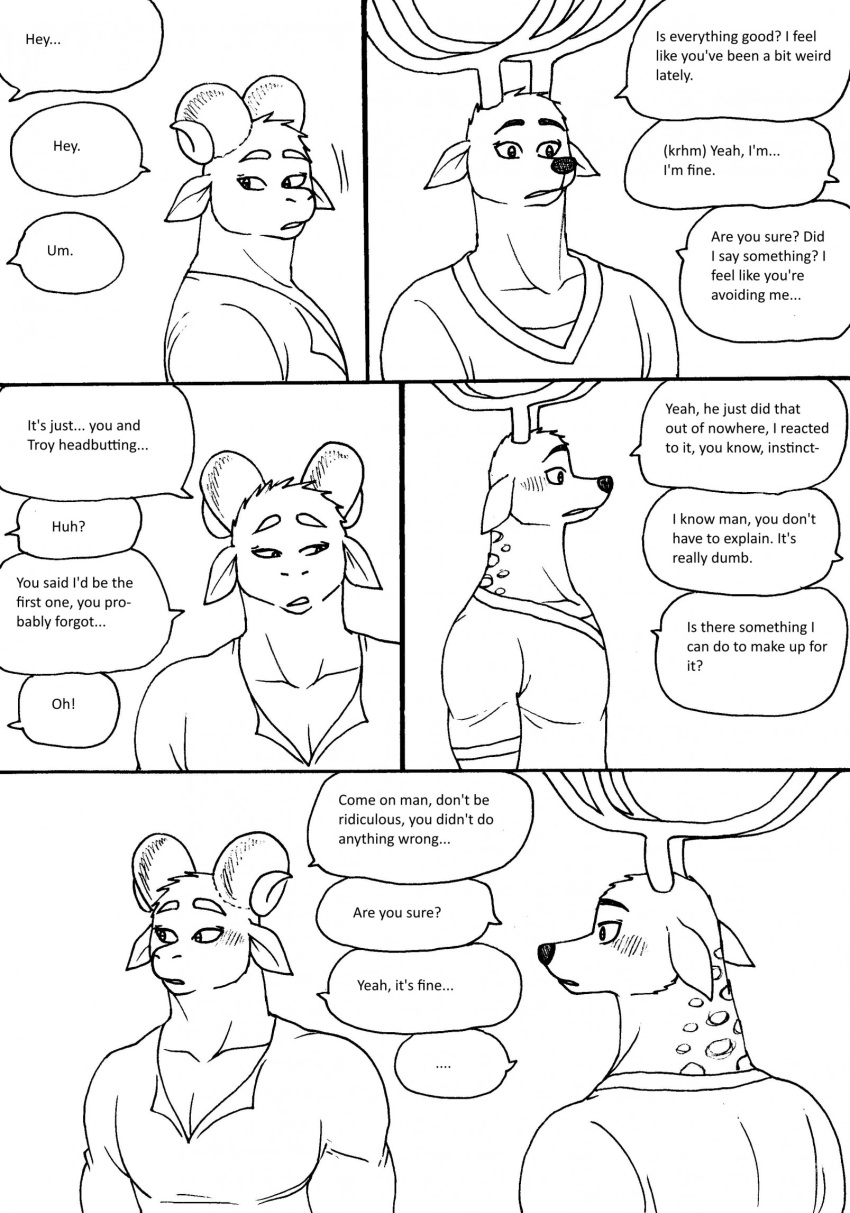 2023 anthro antlers awkward bernielover bernielover's_college_au blush bovid caprine clothed clothing comic deer devon_(bernielover) dialogue duo english_text fur hi_res horn male male/male mammal muscular muscular_anthro muscular_male shirt speech_bubble spots spotted_body spotted_fur text topwear whitney_(bernielover)