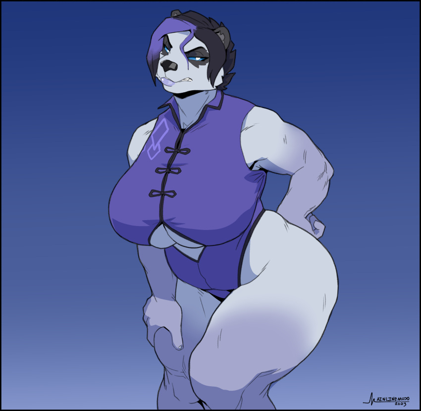 2023 absurd_res anthro artist_name bear big_breasts black_body black_border black_fur black_hair blue_sclera border breasts clothed clothing eyebrows female fingers fur giant_panda greasymojo hair hand_on_leg hand_on_own_leg hand_on_own_thigh hand_on_thigh hi_res highlights_(coloring) huge_breasts leaning leaning_forward mammal multicolored_body multicolored_fur multicolored_hair overweight overweight_anthro overweight_female portrait purple_highlights solo standing thick_thighs three-quarter_portrait two_tone_body two_tone_fur two_tone_hair white_body white_eyes white_fur